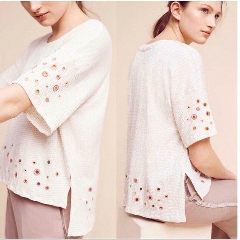 Anthropologie Postmark Sz XS Catina Linen Blend Embroidered Top Boho Beachy Casu
